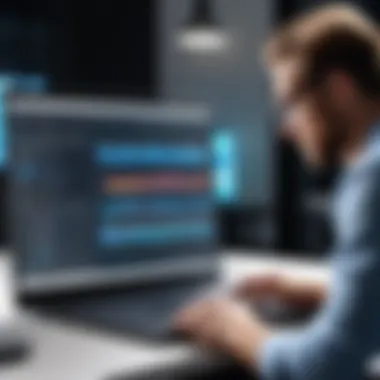 Professional Utilization of Video Software A professional using video content creation software on a laptop