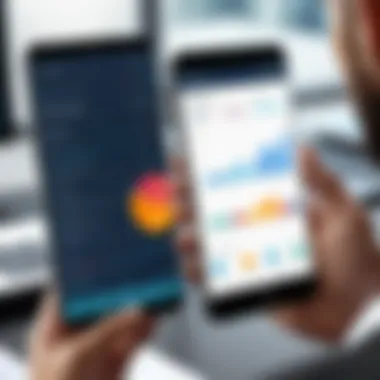 Data Analysis on the Go Business professional analyzing CRM data on a smartphone