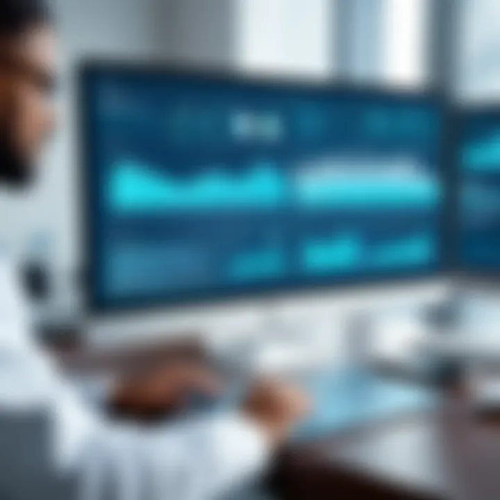 A healthcare professional analyzing data on a computer screen in a clinical setting.
