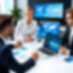 Business meeting discussing travel solutions