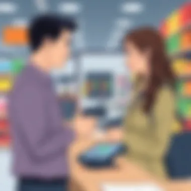 Customer interacting with a barcode scanner at checkout