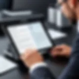 A business professional analyzing documents with an OCR scanner app on a tablet.