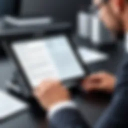 A business professional analyzing documents with an OCR scanner app on a tablet.