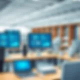 A modern office setting showcasing digital communication tools