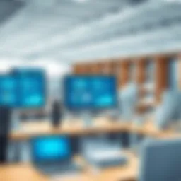 A modern office setting showcasing digital communication tools