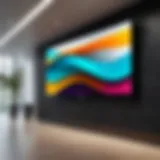 A sleek digital signage display showcasing vibrant graphics in a corporate setting