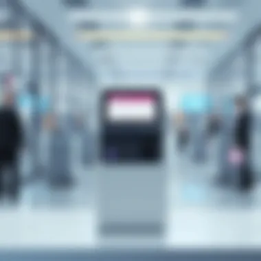 An illustration of a modern card clock-in device in a corporate setting