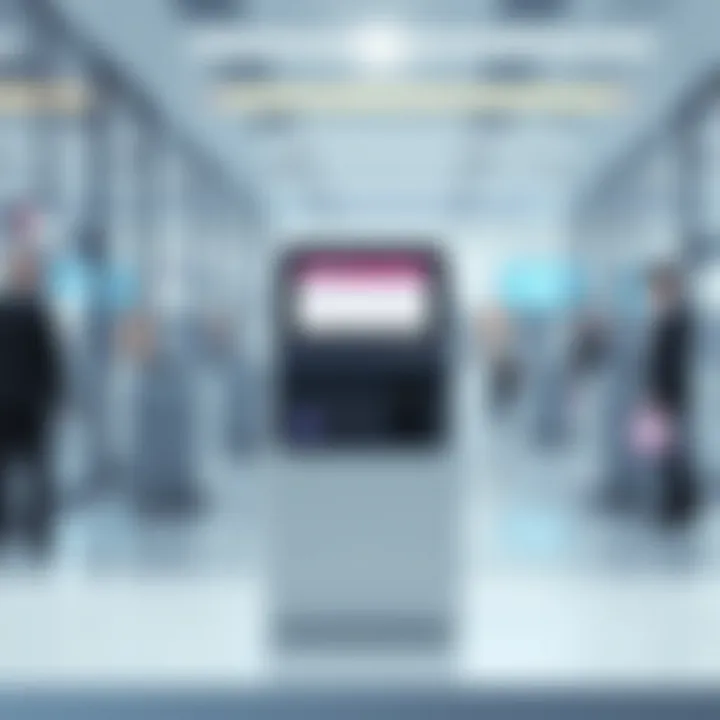 An illustration of a modern card clock-in device in a corporate setting