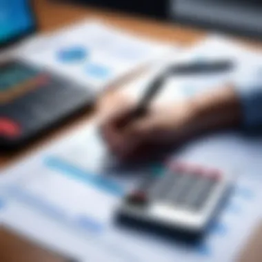 A professional reviewing financial documents with a pen and calculator on a desk